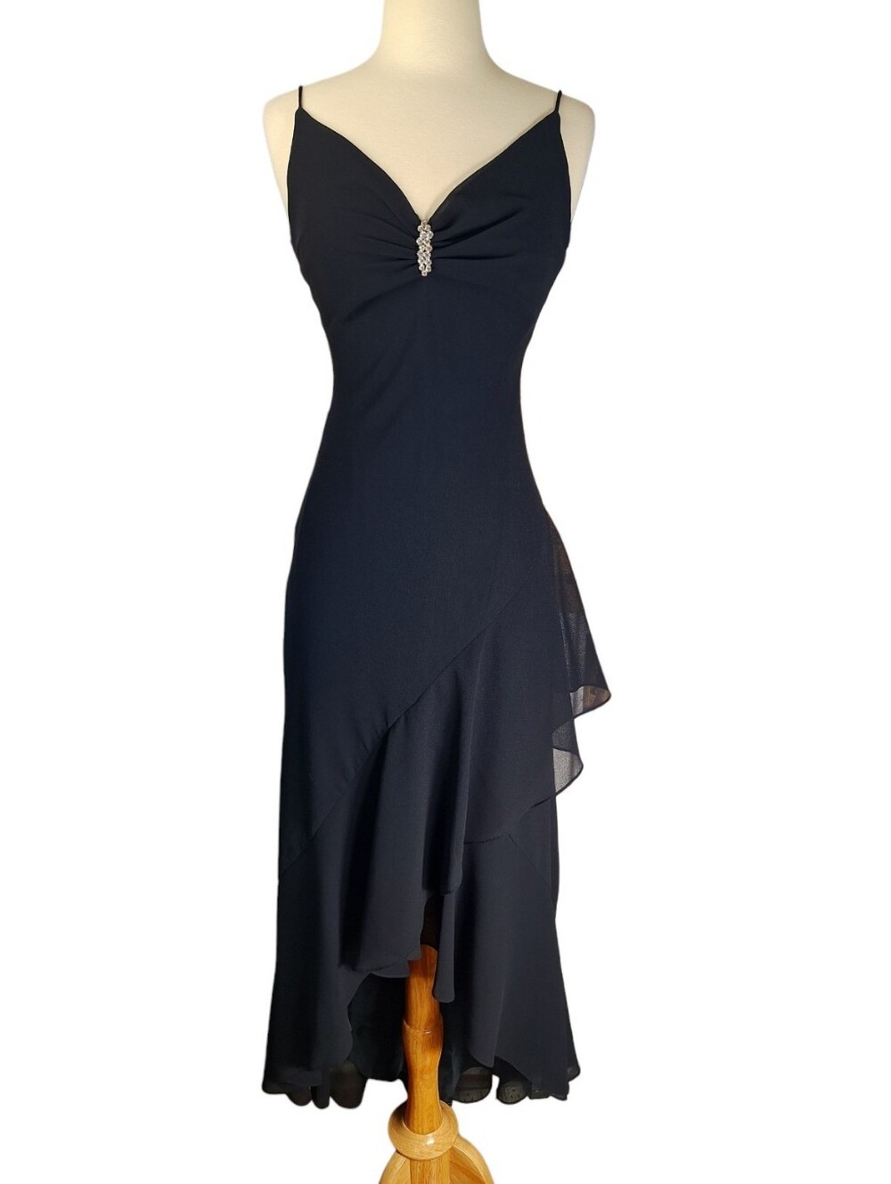 Vintage Y2K Betsy & Adam Asymmetrical High Low Ruffle Prom Dress XS Rhinestone